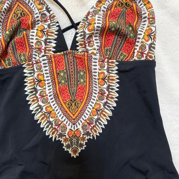 Red Carter One Piece Bathing Suit SZ 12 Open Criss Cross Back Boho Hippie Tribal - Picture 2 of 12
